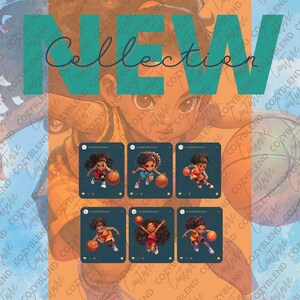 May include: Set of six digital illustrations featuring a young girl dribbling a basketball. Each illustration is framed in a square with a blue background and a white border. The girl is wearing a red and white basketball uniform with black sneakers. The illustrations are part of a new collection.