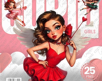 Cupid Girls Clipart: Valentine's Angel Illustrations (PNG Digital Download)