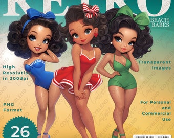Retro Beach Babes Clipart - Vintage Girls in Bikini Suits - Instant Download Digital Art