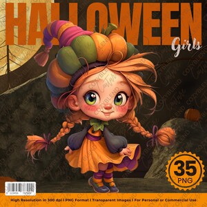 Halloween Girls Clipart, Spooky & Cute Illustrations PNG, Commercial Use, Whimsical Halloween Girl,  Invitations, Cards and Party Decor