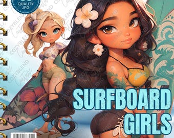 Lot de clipart filles de planche de surf | Plage tropicale PNG | Surfeuse Art numérique l Artisanat