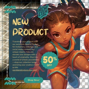 May include: A digital illustration of a basketball player dribbling a basketball. The player is wearing a yellow and orange jersey with a black number 2 on the front. The background is a basketball court with a wooden floor. The text "NEW PRODUCT" is in large yellow letters at the top of the image. The text "50% OFF" is in a green circle at the bottom of the image. The text "Shop Now!" is in a yellow box at the bottom of the image.