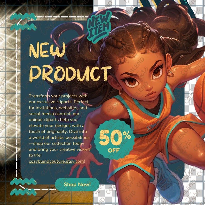 May include: A digital illustration of a basketball player dribbling a basketball. The player is wearing a yellow and orange jersey with a black number 2 on the front. The background is a basketball court with a wooden floor. The text "NEW PRODUCT" is in large yellow letters at the top of the image. The text "50% OFF" is in a green circle at the bottom of the image. The text "Shop Now!" is in a yellow box at the bottom of the image.