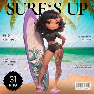 Surfing Girl Clipart: Summer Ocean Chibi Art (PNG Digital Download)