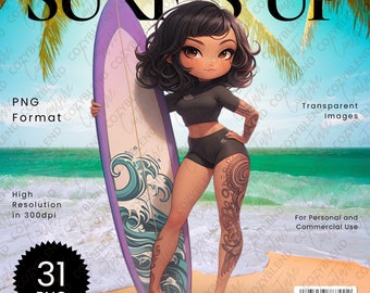 Surfing Girl Clipart: Summer Ocean Chibi Art (PNG Digital Download)