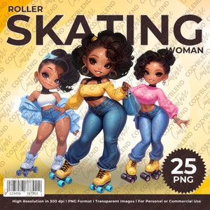 Clipart femme patinage à roulettes, amusant, illustrations féminines rétro PNG, téléchargement numérique de haute qualité, parfait pour le scrapbooking, le bricolage et les cartes