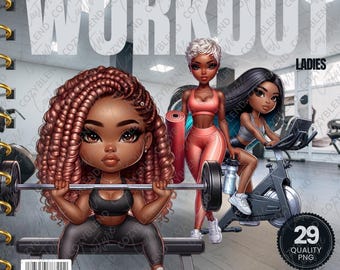 May include: Three cartoon women working out in a gym. One woman is lifting weights, another is on a stationary bike, and the third is holding a water bottle and a yoga mat. The image has the text "WORKOUT LADIES" at the top.