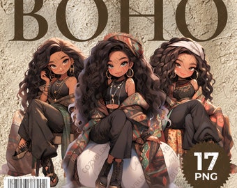 Boho Chibi Girls Clipart: Whimsical Bohemian PNG (Digital Download)
