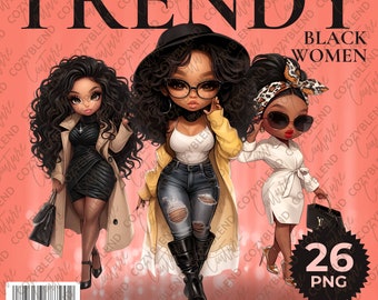 Trendy Black Women Clipart, Fashion Girl PNG, DIY Crafts (Digital Download)