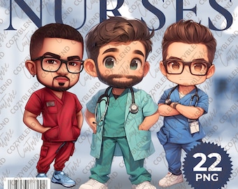 May include: Illustration of three male nurses in cartoon style. The nurse on the left is wearing a red scrub top and pants. The nurse in the middle is wearing a teal scrub top and pants. The nurse on the right is wearing a blue scrub top and pants. The text "Healthcare Male Nurses" is at the top of the image.