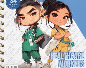 Healthcare Worker Clipart PNG: Male & Female Nurses (Digital Download
