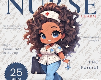 May include: A digital illustration of a cartoon nurse with brown curly hair, wearing a white uniform with a blue stethoscope, blue pants, and a red cross on her hat. She is holding a medical chart and a red cross. The image is labeled "NURSE" in blue text and "CHARM" in black text.