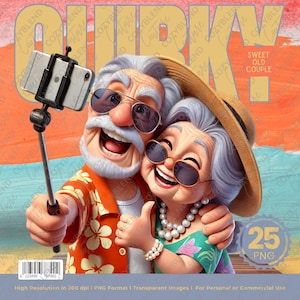 Imágenes prediseñadas de una pareja de ancianos adorables y divertidas, ilustraciones de ancianos para manualidades, álbumes de recortes y pegatinas
