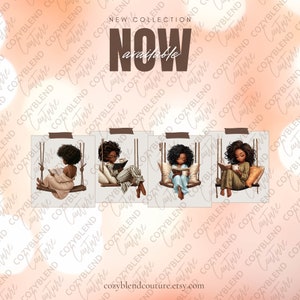 May include: Set of four digital illustrations featuring a Black woman reading a book while sitting on a swing. Each illustration features a different color scheme and background.