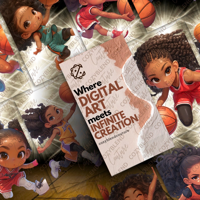 May include: Digital art print featuring a cartoon basketball player with brown skin and long, curly hair. The player is wearing a purple and yellow basketball jersey with the number 1 on it. The print has the text "Where Digital Art meets Infinite Creation" and the website "cozyblendcouture.com".