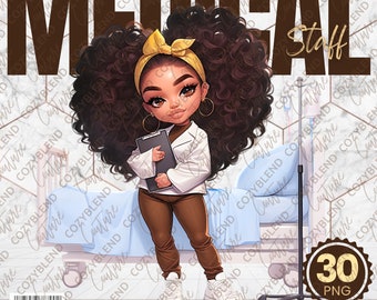 May include: A digital illustration of a Black woman with brown curly hair wearing a white lab coat, brown pants, and a yellow headband. She is holding a clipboard and standing in a hospital room with a bed and an IV stand. The text "MEDICAL Staff" is in brown letters at the top of the image.