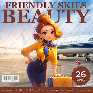 Soar High with Friendly Skies Clipart, Elegant Flight Attendant Women Illustrations, Instant Download, Airplane Travel Digital Planner Icon