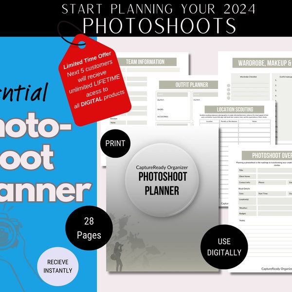 Photographer Planner Photoshoot digital Planner, photography business printable planner, client work flow, Budget Tracker, Daily Weekly PDF