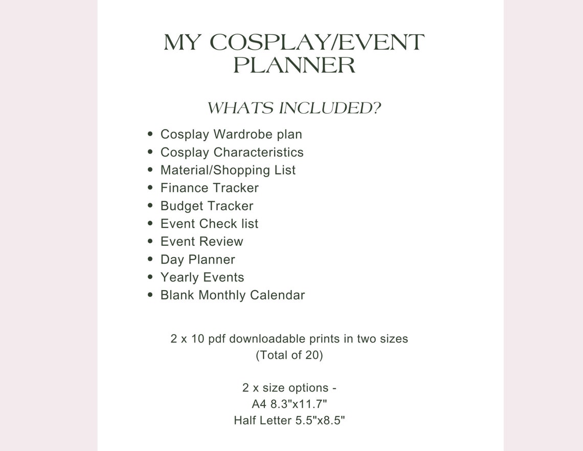 Cosplay Planner Digital Print Event Time Tracking Project Planner ...