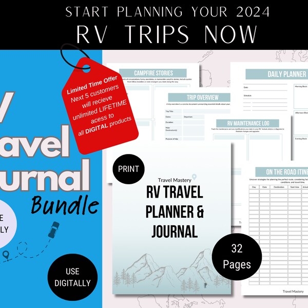 RV Travel Journal 32 page Planner Itinerary, Road trip travel journal, travel self discovery, rv diary, digital travel templates bucket list