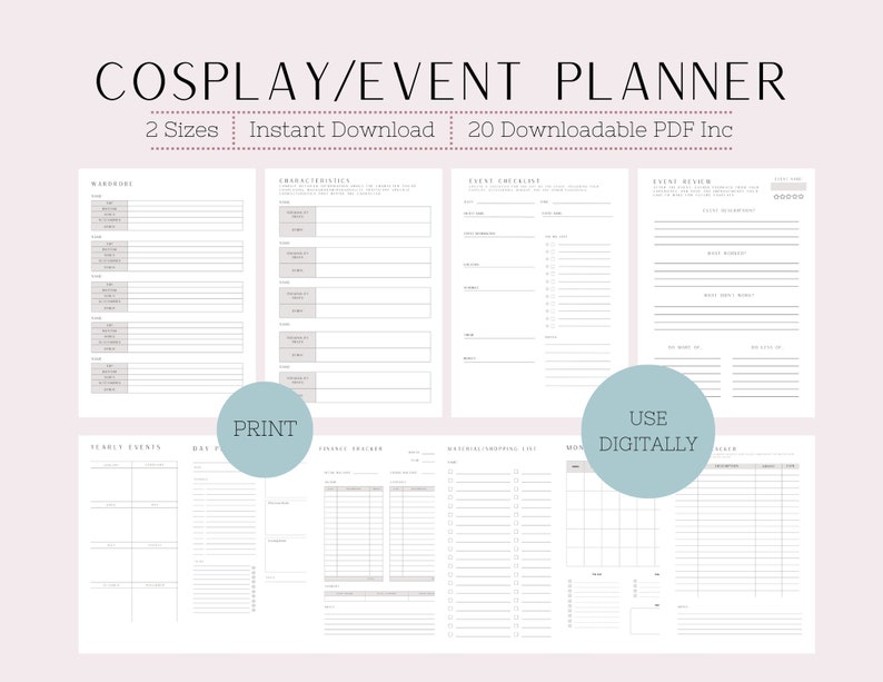 Cosplay Planner Digital Print Event Time Tracking Project Planner