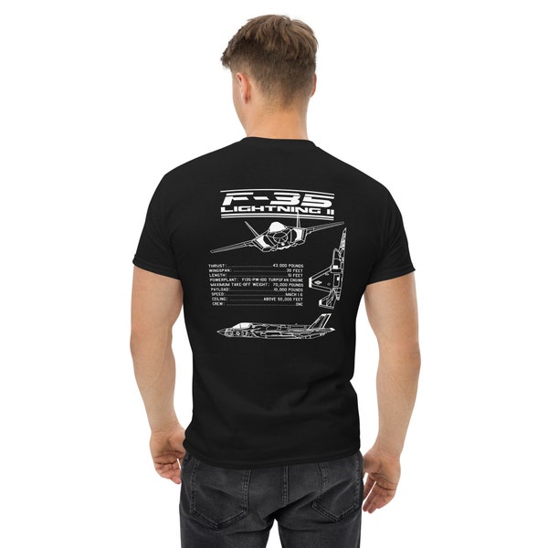 F-35 Lightning II Cool T-Shirt Embroidered Logo Left Chest Aircraft Info Back Print Design