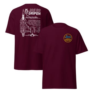 Saab JAS 39 Gripen T-Shirt – Embroidered Badge & Jet Views Back Print | Swedish Fighter Jet Tee | Aviation Gift for Military Jet Fans