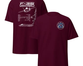 F-35 Lightning II Fighter Jet T-Shirt – Embroidered Logo & Infographic Views – Stealth Jet Gift for Military and Aviation Lovers