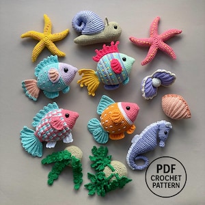 10 in 1 Aquarium Crochet Patterns PDF. 10-in-1 Ocean Animal Amigurumi. Fish, Clam, Starfish, Snail, Seaweed
