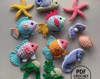 10 in 1 Aquarium Crochet Patterns PDF. 10-in-1 Ocean Animal Amigurumi. Fish, Clam, Starfish, Snail, Seaweed