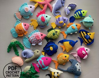 25-i-1 akvariemönster i PDF-format: Tropiska revfiskar. Amigurumi till havsdjur.
