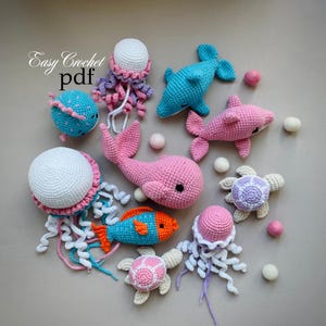 Kit de Crochê 7 em 1 com Animais Marinhos em PDF: Tutorial de Amigurumi. Baleia, Golfinho, Tartaruga, Peixe, Água-viva.
