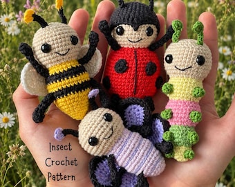Insect Crochet Pattern PDF. Mini Amigurumi Set: Bee, Ladybug, Butterfly, Caterpillar. Tiny Bug Toys