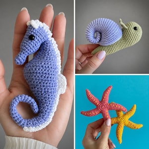 10-i-1-virkmönster för akvarier i PDF-format. 10-i-1-amigurumi med havsdjur. Fisk, mussla, sjöstjärna, snigel, sjögräs bild 10