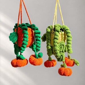 May include: Two hanging crochet plant baskets featuring orange and yellow pots with trailing green vines and small orange pumpkins. The baskets are suspended by matching yarn cords, showcasing intricate stitch work and vibrant yarn colors.