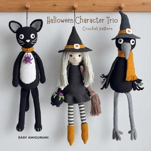 May include: Three crocheted Halloween characters hanging from a wooden rack, labeled Halloween Character Trio Crochet pattern and EASY AMIGURUMI. The set includes a black cat, a witch with grey hair, and a black bird, all featuring yarn details.
