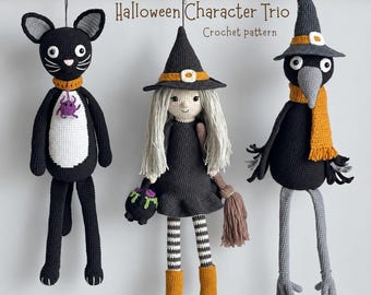 Halloween Character Trio Crochet Pattern PDF. Witch, Black Cat and Crow Dolls. Thanksgiving  Amigurumi Decor. Scandinavian Style