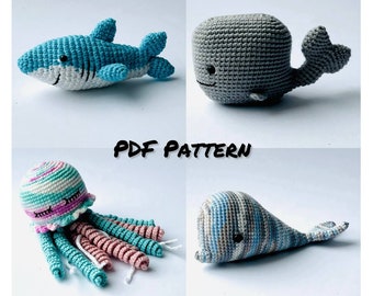 Pattern: Jellyfish, Whale and Shark Crochet - Set Ocean Animals- DIY Crochet Undersea Creature Amigurumi Tutorial - Pattern PDF - Toy Making