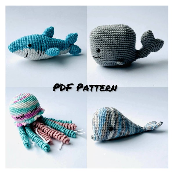 Pattern: Jellyfish, Whale and Shark Crochet - Set Ocean Animals- DIY Crochet Undersea Creature Amigurumi Tutorial - Pattern PDF - Toy Making