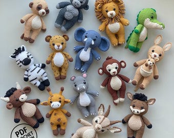 14 in 1 Safari Animals Crochet Pattern Bundle. Amigurumi Animal Patterns. Baby Mobile Nursery Decor. Crochet Safari Doll PDF