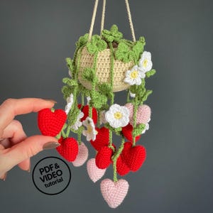 May include: A crocheted hanging planter with a beige pot, green leaves, white flowers, and red and pink hearts. The planter is suspended by a beige cord. The text "PDF & VIDEO tutorial" is visible.