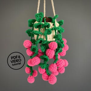 May include: A hanging crochet plant with pink, green, and cream-colored yarn. The plant features pink pom-pom-like clusters and green leaves. The pot is cream-colored and the plant hangs from a cream-colored rope. The text "PDF & VIDEO tutorial" is in a black circle.