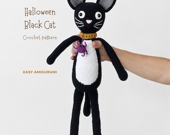 Black Cat Crochet Pattern PDF.  Halloween Amigurumi Toy. Scandinavian Style. Gothic Fall Decor. Spooky Doll Tutorial. Easy Crochet