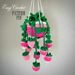 Schema uncinetto per pianta di fragole in PDF. Regalo per San Valentino. Regalo per la festa della mamma. Gancio per auto per piante. Decorazione per la cucina. Vaso per piante. Tutorial modello USA