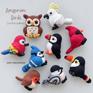 May include: A collection of eight crocheted amigurumi birds including an owl, cockatoo, parrot, blue jay, puffin, cardinal, robin, and toucan. The text "Amigurumi Birds Crochet pattern" and "EASY AMIGURUMI" is printed on the image.