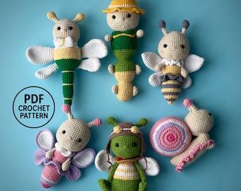 Bug Crochet Patterns PDF. Bee, Butterfly, Dragonfly, Snail, Caterpillar. DIY Garden Animals