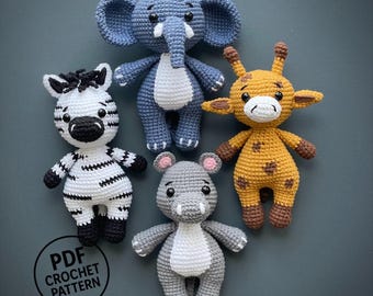 Safari Animal Crochet Pattern. Elephant, Zebra, Giraffe, Hippo. Amigurumi Toy PDF. Plush Safari Set