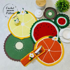 Napperons au crochet, motif PDF. Motif de fruits. Décoration de table. Cadeaux de Noël. Sous-verres au crochet : orange, kiwi, citron, pastèque