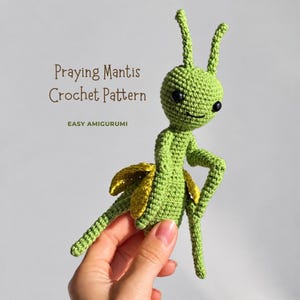 Può includere: Un giocattolo amigurumi all'uncinetto a forma di mantide religiosa verde chiaro con ali gialle, occhi neri e due antenne. Il testo "Praying Mantis Crochet Pattern" e "EASY AMIGURUMI" è visibile a sinistra della figura in filato verde.