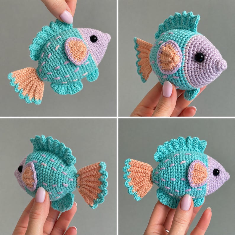 10-i-1-virkmönster för akvarier i PDF-format. 10-i-1-amigurumi med havsdjur. Fisk, mussla, sjöstjärna, snigel, sjögräs bild 3